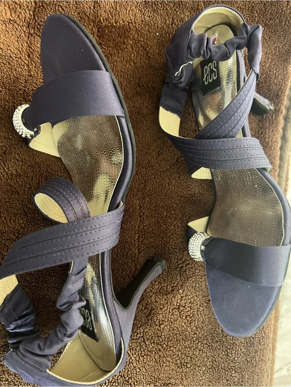 Navy Satin Heeled Sandals with Crystal Accent
